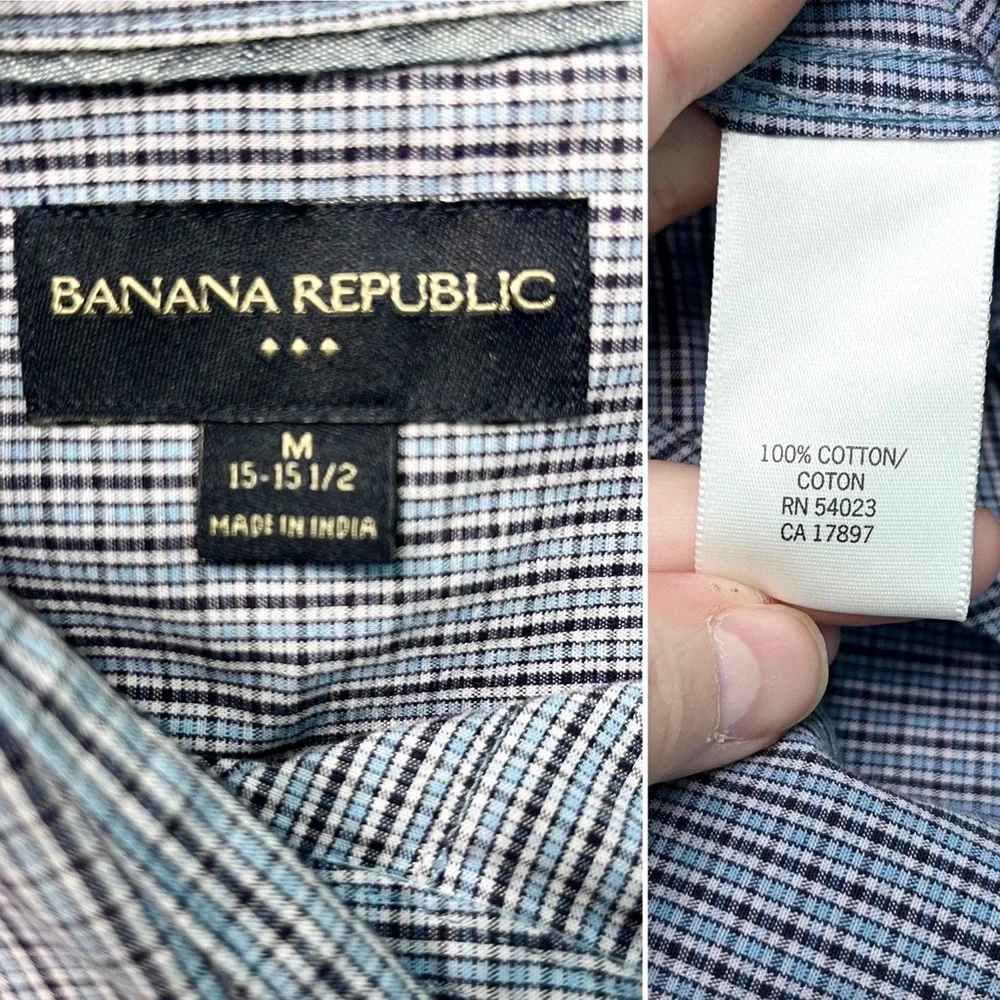 banana republic | blue micro plaid cotton button down shirt m 15-15.5